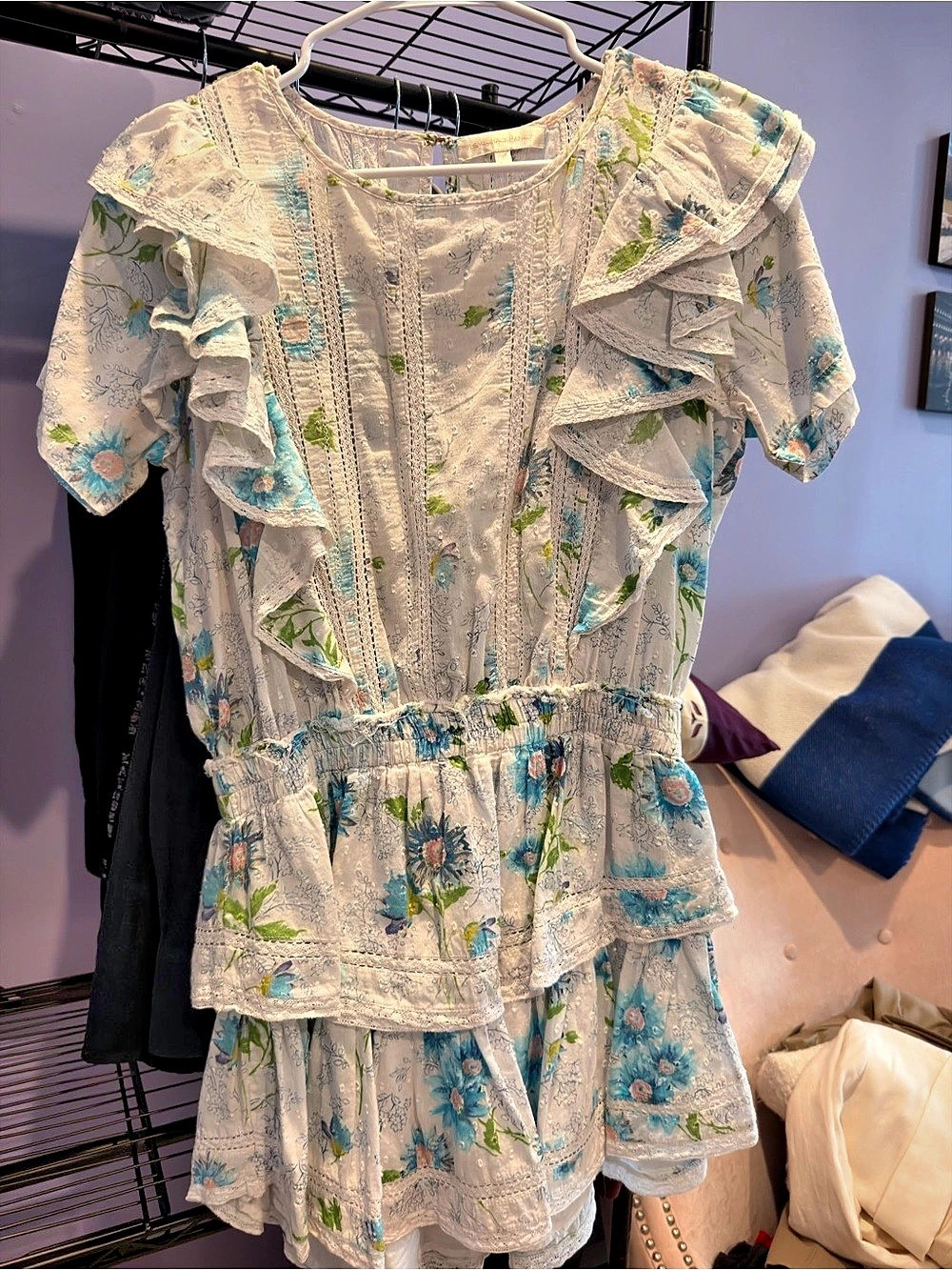 loveshackfancy Floral Ruffle Mini Dress in Cream & Blue Like New